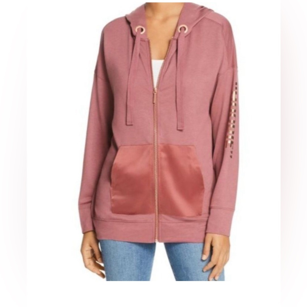 Kenneth Cole Pink Zip Up “Hoodie” Sweatshirt - Satin Trim Sz Large